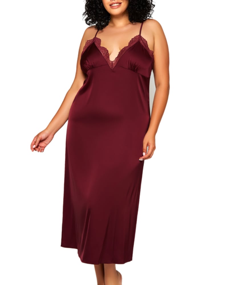 Front of a model wearing a size 1x Francesca Satin Midi Slip Dress in Burgundy by iCollection. | dia_product_style_image_id:253934